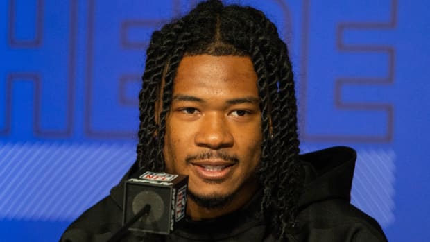 Texans rookie John Metchie speaks to media at the 2022 NFL combine.